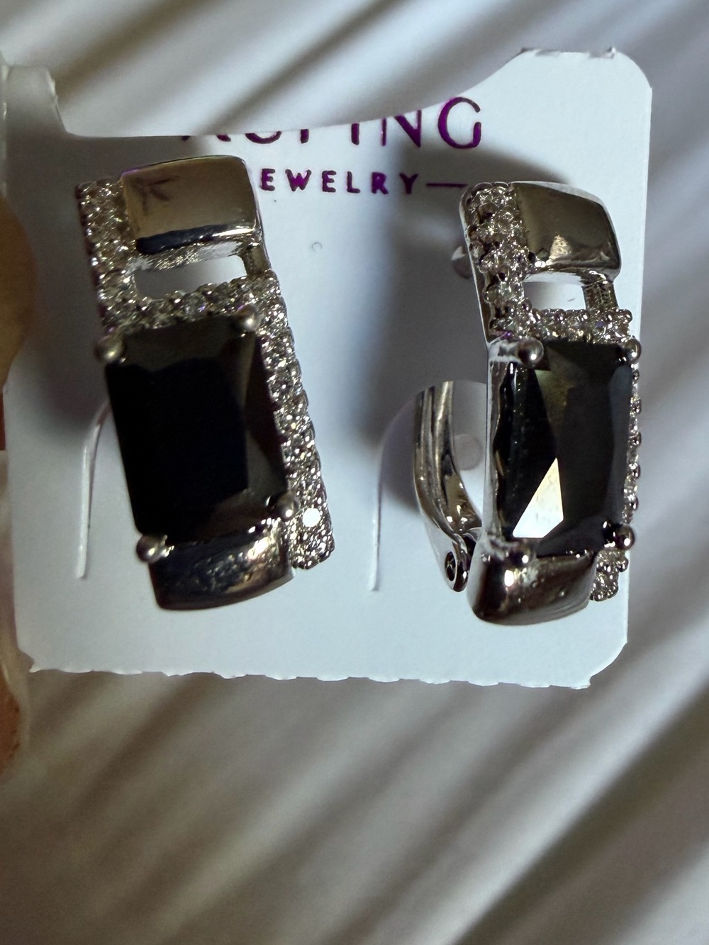 Black Crystal Rectangular Hoop Earrings with Clear Accents
